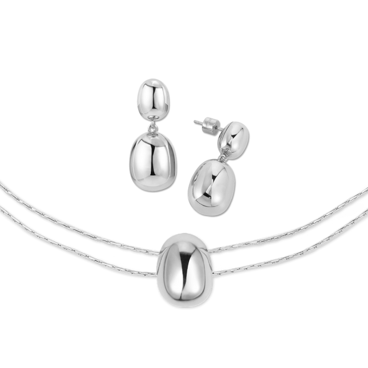 Silver Coffee Bean Necklace & Earrings Set