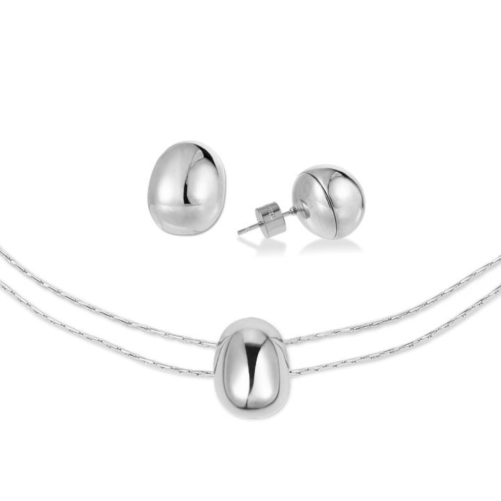 Silver Coffee Bean Necklace & Stud Earrings Set