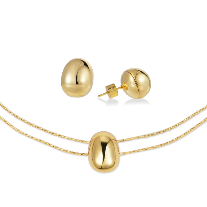 Gold Coffee Bean Necklace & Stud Earrings Set
